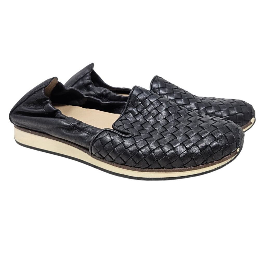 Sesto Meucci 8 Black Leather Woven Slip On Lafer Sneaker Casual Minimalist